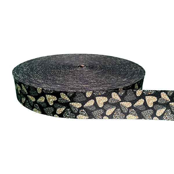 ALÇA ACETINADA 30MM ESTAMPADA COR CORAÇÃO ONÇA 1 METRO