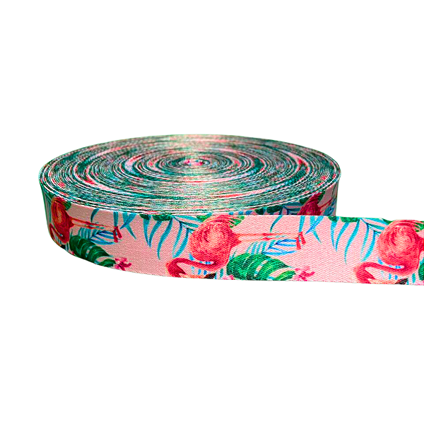 ALÇA ACETINADA 30MM ESTAMPADA COR FLAMINGO 1 METRO