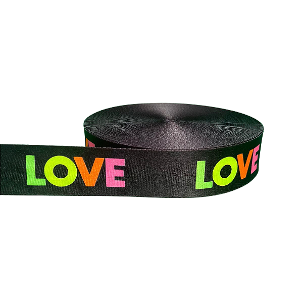 ALÇA ACETINADA 40MM ESTAMPADA COR LOVE NEON 1 METRO
