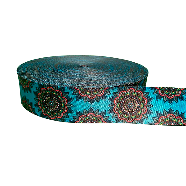 ALÇA ACETINADA 40MM ESTAMPADA COR FLOR COLORS AZUL 1 METRO