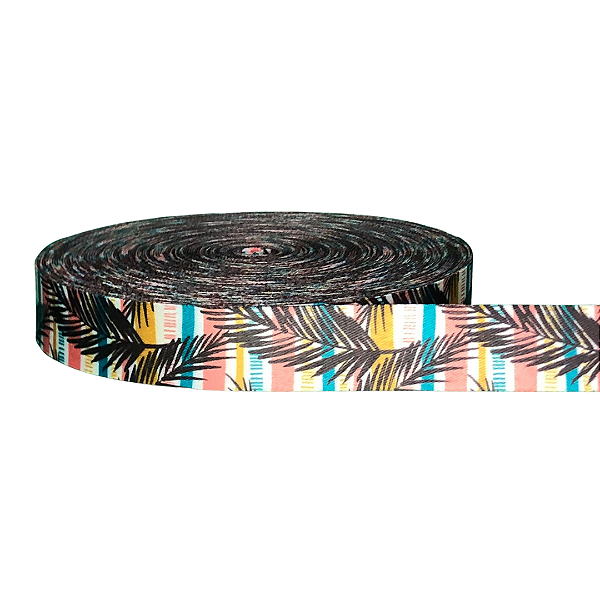ALÇA ACETINADA 30MM ESTAMPADA COR LISTRAS TROPICAL 1 METRO