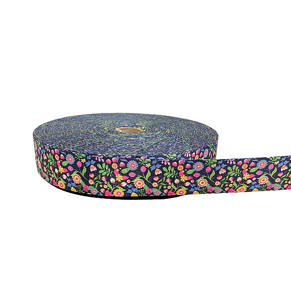 ALÇA ACETINADA 30MM ESTAMPADA COR FLORAL MARINHO 1 METRO