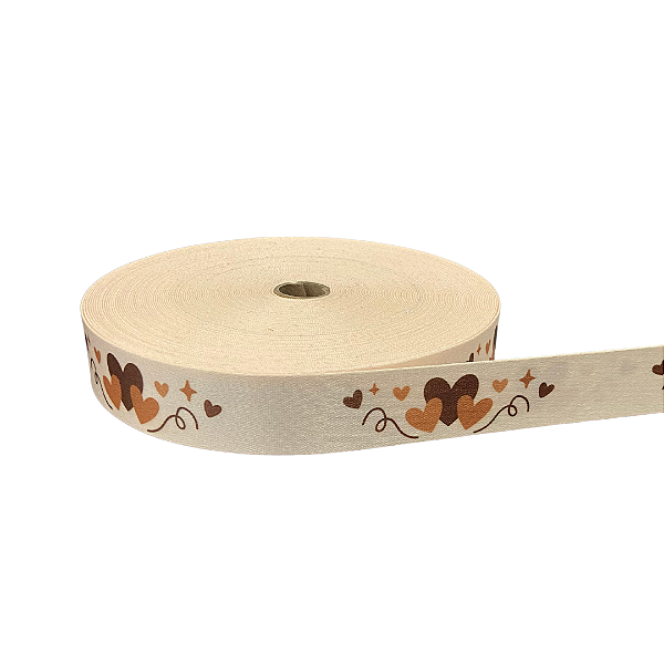 ALÇA ACETINADA 30MM ESTAMPADA COR CORAÇÃO MARROM 1 METRO