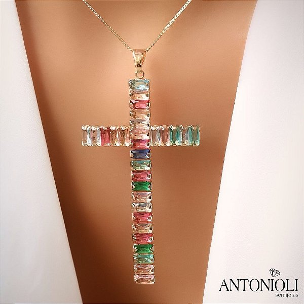 Gargantilha crucifixo grosso pedras coloridas