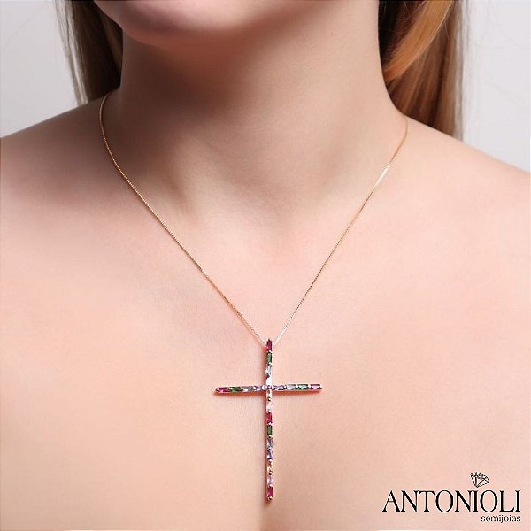 Gargantilha crucifixo fino pedras coloridas