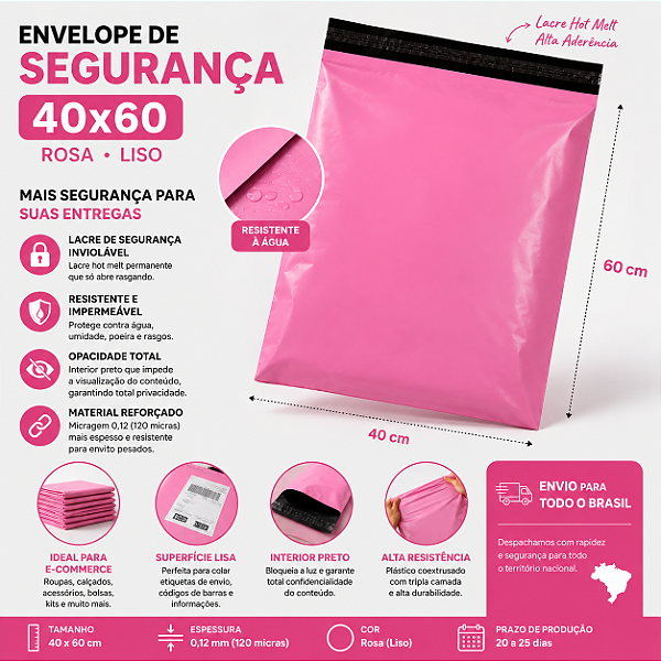 Envelope de Segurança 40x60 Rosa Liso 0,12 mm para E-commerce