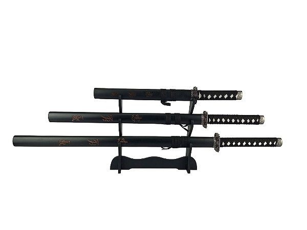 Kit Katana Wakizashi Tanto Reta Decorativa c/Suporte