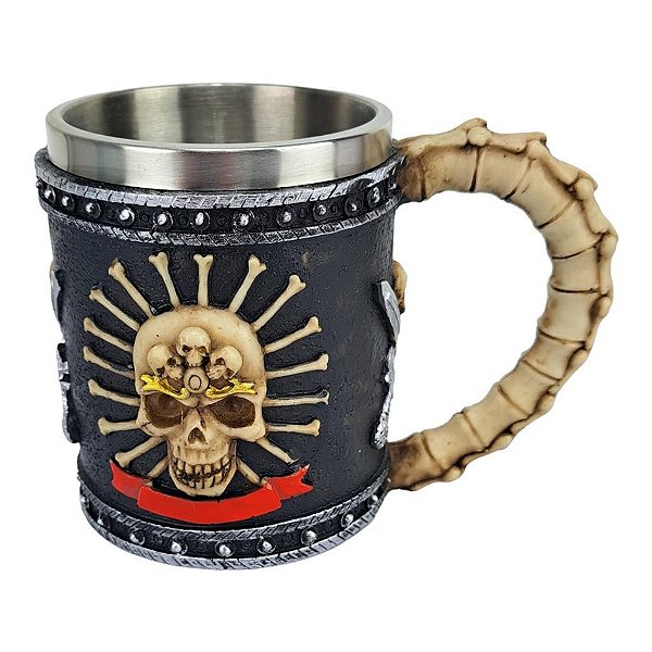 Caneca 3d Resina Caveira Alça de Osso 400 mL