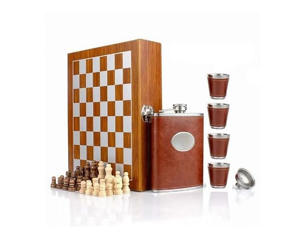 Jogo Xadrez Kit Cantil 4 Copos e Funil