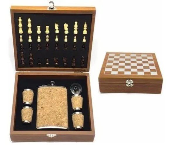 Kit Cantil 240ml Porta Bebidas 4 Copos Funil + Jogo Xadrez