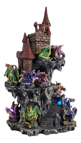 Enfeite Estátua Resina Castelo Dos Dragões Com Led Rgb
