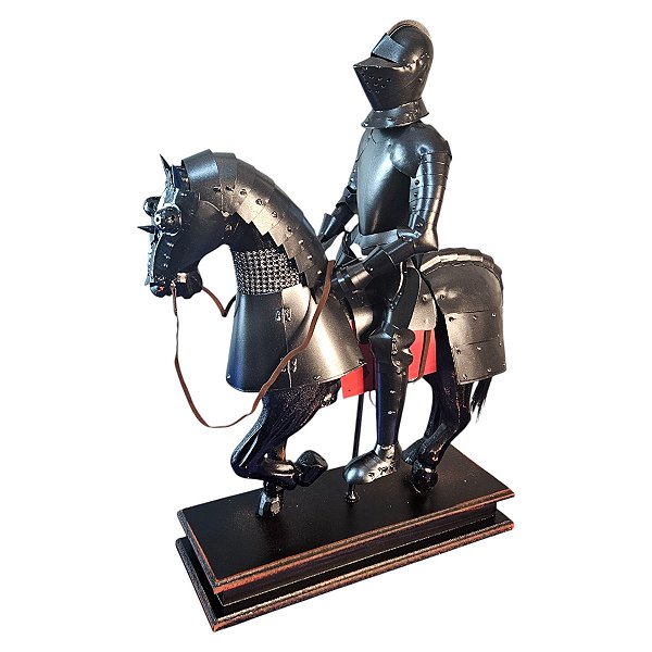 Estátua Medieval Preto Cavaleiro E Cavalo Metal Base Madeira