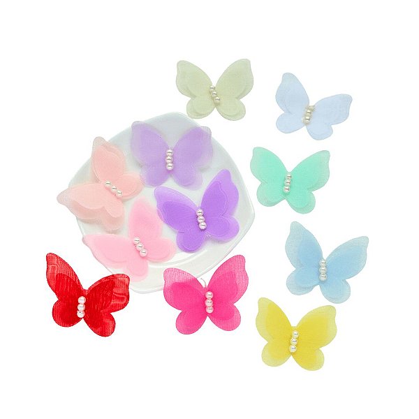 Aplique Borboleta Voal Com Pérola 35mm x 40mm Com 10 Peças