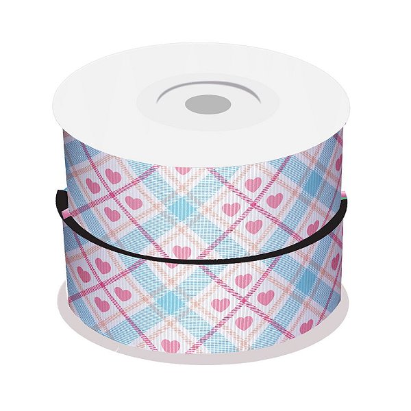Fita de Gorgurão Xadrez 4 Corações Rosa e Azul | 38mm | 2 Metros