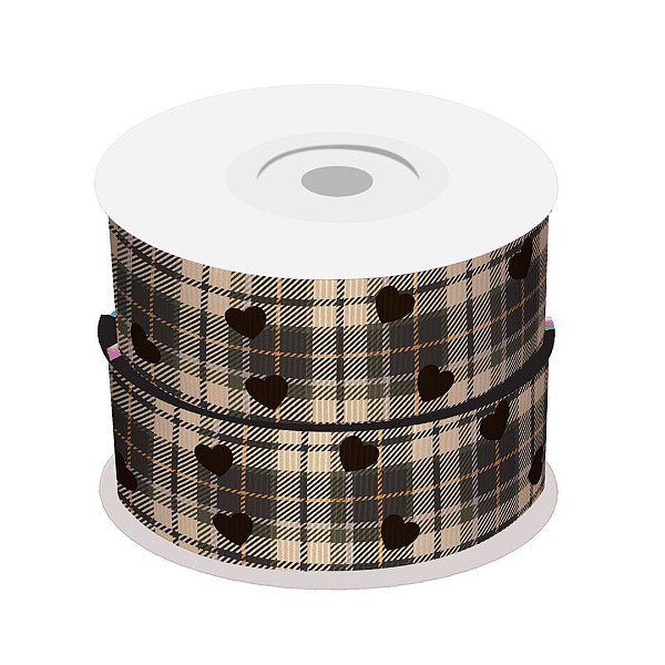 Fita de Gorgurão Xadrez Marrom Coração | 38mm | 2 Metros