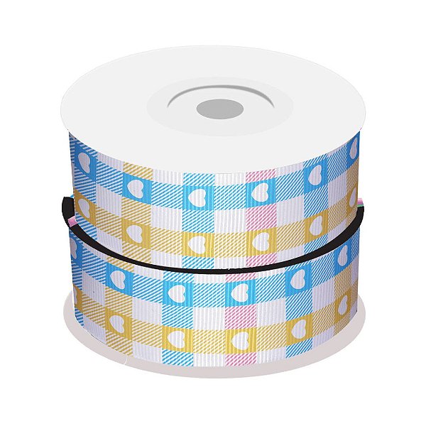 Fita de Gorgurão Xadrez Coração Azul e Amarelo | 38mm | 2 Metros