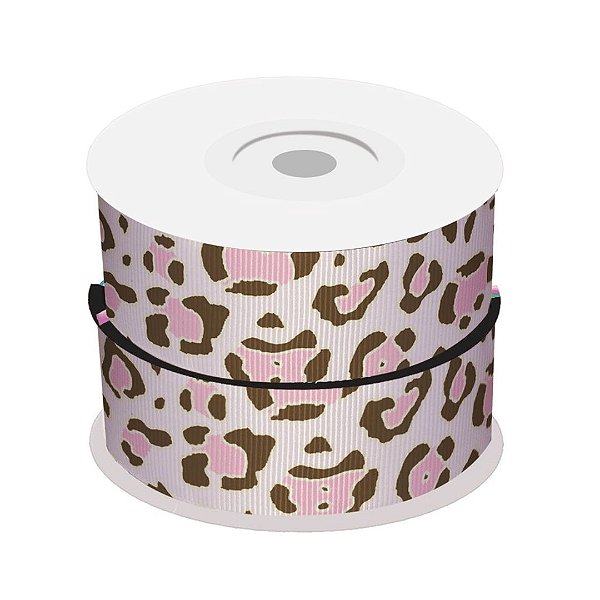 Fita de Gorgurão Animal Print Onça Rosa Fundo Branco | 38mm | 2 Metros