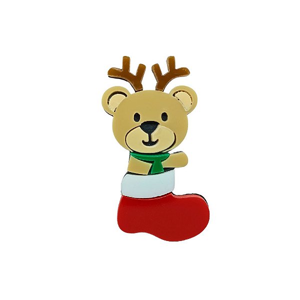 Aplique em Acrílico Ursinho na Bota de Natal
