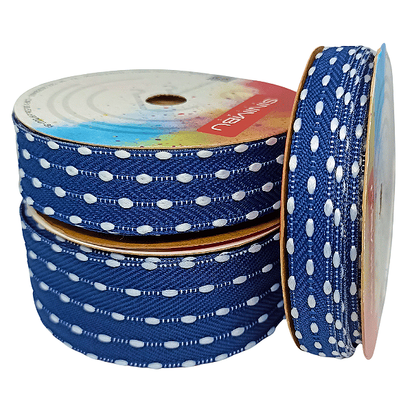 Fita Pespontada Sinimbu com Pompom | 10 Metros | Cor: Azul Marinho