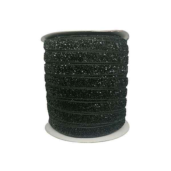 Fita Veludo Glitter Lurex Esponjada Yama | 10mm | 2 Metros | Cor: Preto