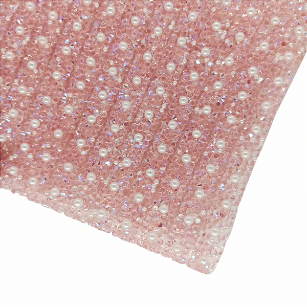 Manta de Strass com Pérola 1cm x 40cm | Cor: Rosa Bebê