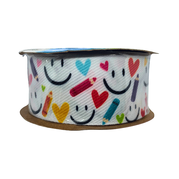 Fita Sinimbu Jeans Escolar Estampada Carinha Feliz Volta às Aulas Nº9 | 38mm | 10 Metros