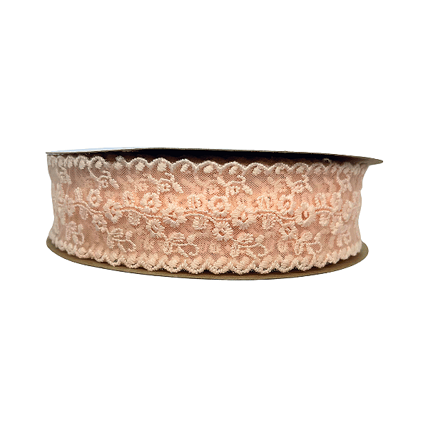 Fita Organza Bordada com Flores Importada 38mm | Metro | Cor: Rosa