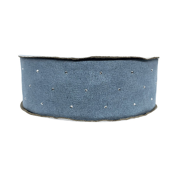 Fita Veludo com Gotas de Strass Yama 38mm | Metro | Cor: Azul Jeans