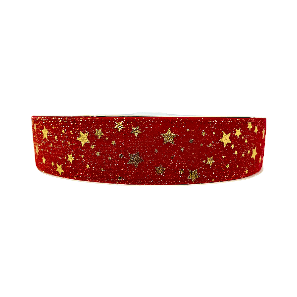Fita Veludo Com Lurex Vermelha Estrelas Douradas 38mm | Metro