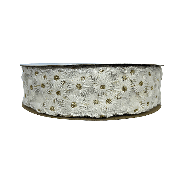 Fita Organza Bordado Flor Miolo Dourado 38mm | Metro