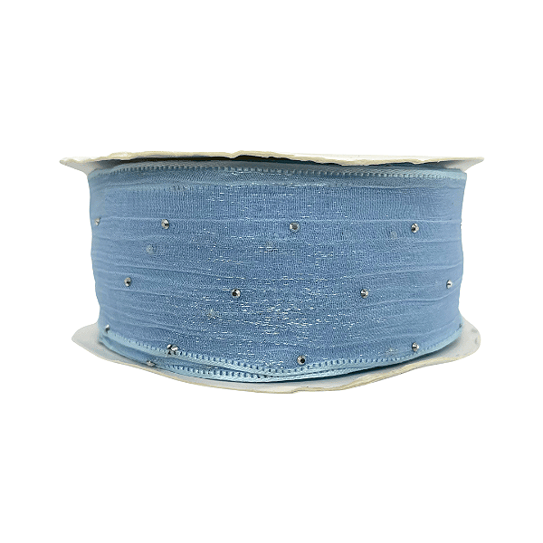 Fita Organza Voal Com Strass 38mm | Metro | Cor: Azul Bebê