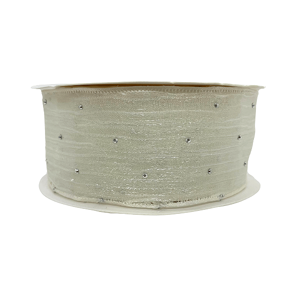 Fita Organza Voal Com Strass 38mm | Metro | Cor: Off White