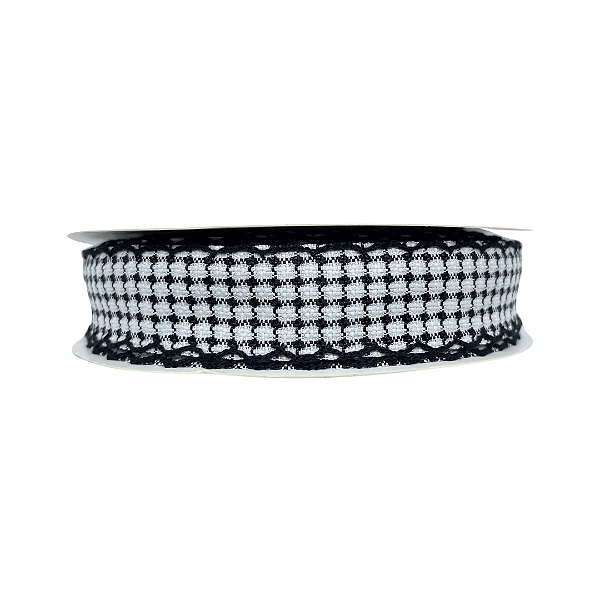 Fita Tweed Quadriculada Com Borda Trabalhada 25mm | Metro | Cor: Preto e Branco