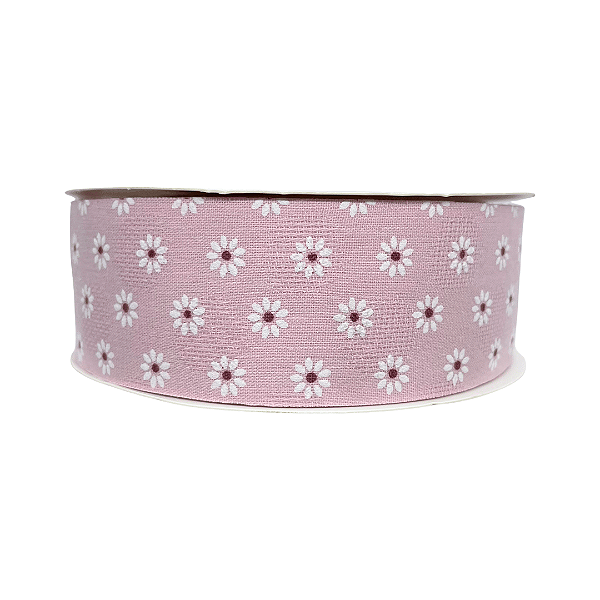 Fita Estampada Com Mini Margarida Pequena 38mm | Metro | Cor: Rosa