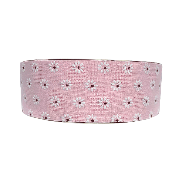 Fita Estampada Com Mini Margarida Pequena 38mm | Metro | Cor: Rosa Bebê