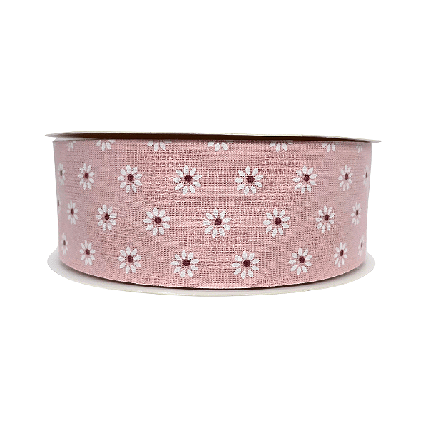 Fita Estampada Com Mini Margarida Pequena 38mm | Metro | Cor: Rose