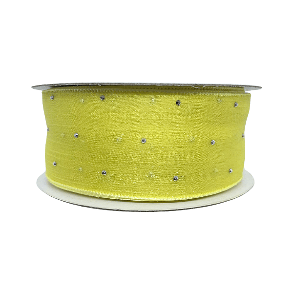 Fita Organza Voal Com Strass 38mm | Metro | Cor: Amarelo