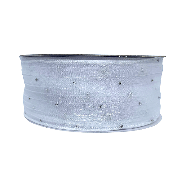 Fita Organza Voal Com Strass 38mm | Metro | Cor: Branco