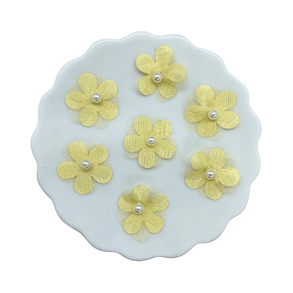 Flor de Tecido e Organza Com Pérola 2,5cm | Unidade | Cor: Amarelo Bebê