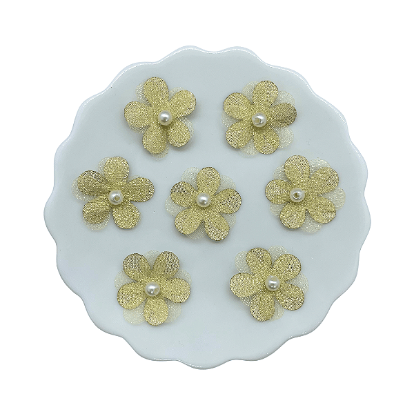 Flor de Tecido e Organza Com Pérola 2,5cm | Unidade | Cor: Dourado