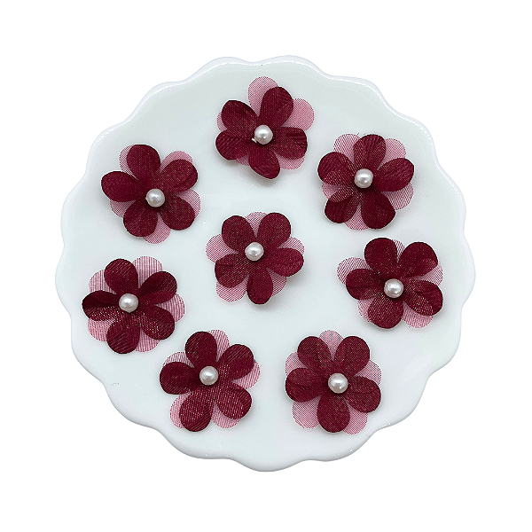 Flor de Tecido e Organza Com Pérola 2,5cm | Unidade | Cor: Marsala