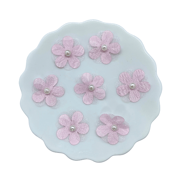 Flor de Tecido e Organza Com Pérola 2,5cm | Unidade | Cor: Rosa Bebê