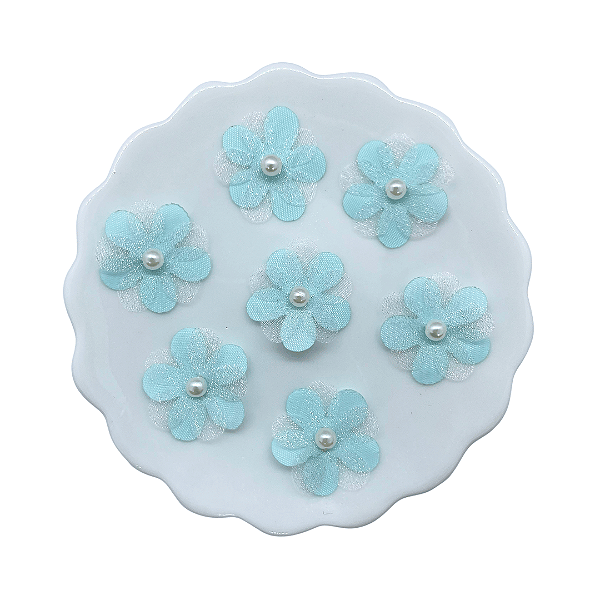 Flor de Tecido e Organza Com Pérola 2,5cm | Unidade | Cor: Tiffany
