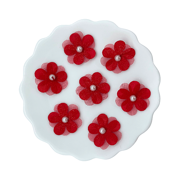 Flor de Tecido e Organza Com Pérola 2,5cm | Unidade | Cor: Vermelho