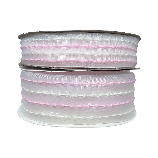 Fita Organza Com Listras Pespontadas | Metro | Cor: Rosa e Off White