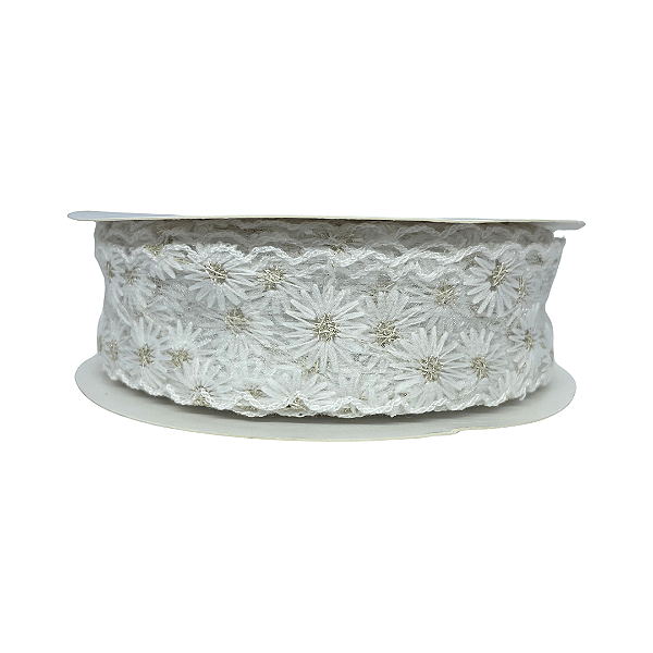 Fita Rendada Flor Miolo Dourado 38mm | Metro | Cor: Branco