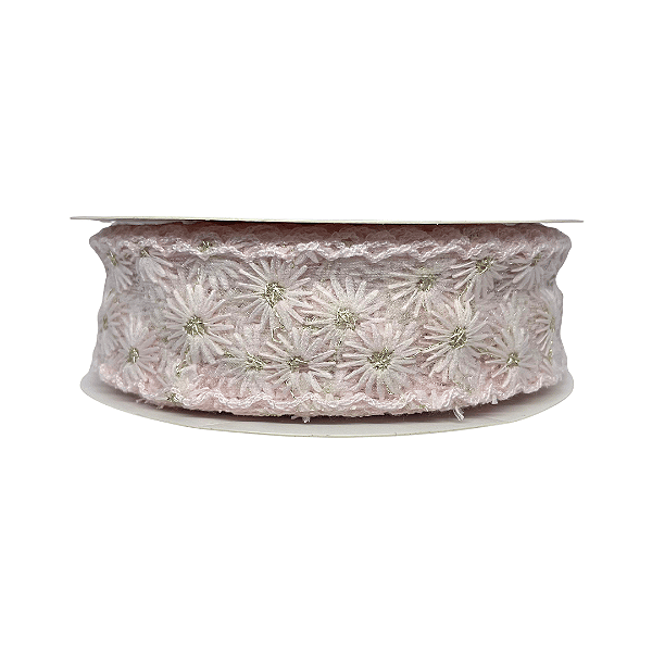 Fita Rendada Flor Miolo Dourado 38mm | Metro | Cor: Rosa