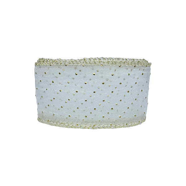 Fita Organza Com Poá Dourado 40mm | Metro | Cor: Branco