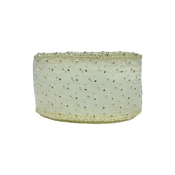 Fita Organza Com Poá Dourado 40mm | Metro | Cor: Off White