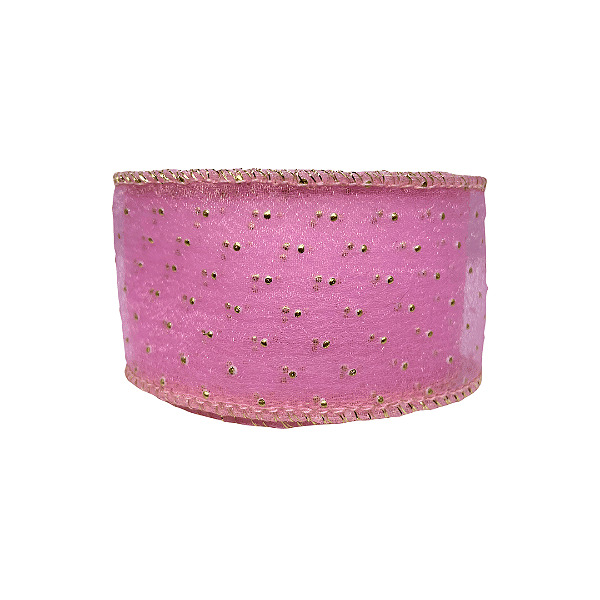 Fita Organza Com Poá Dourado 40mm | Metro | Cor: Rosa